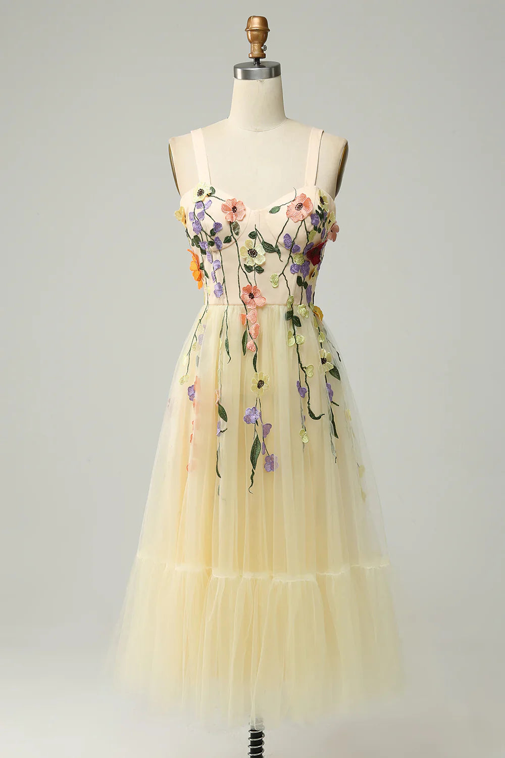 DingJiDress A Line Spaghetti Straps Champagne Tea Length Prom Dress with Appliques