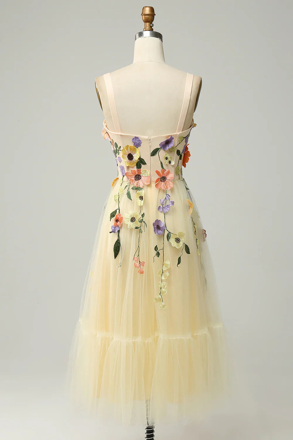 DingJiDress A Line Spaghetti Straps Champagne Tea Length Prom Dress with Appliques