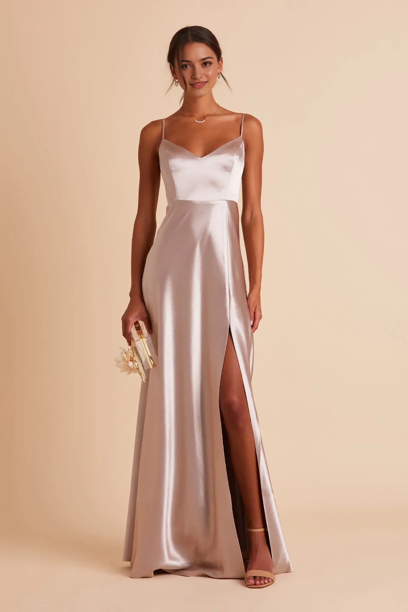 Champagne Satin Deep V - Neck Prom Dress with Side Slit -French Riviera Inspired Gown for Effortless Formal Elegance