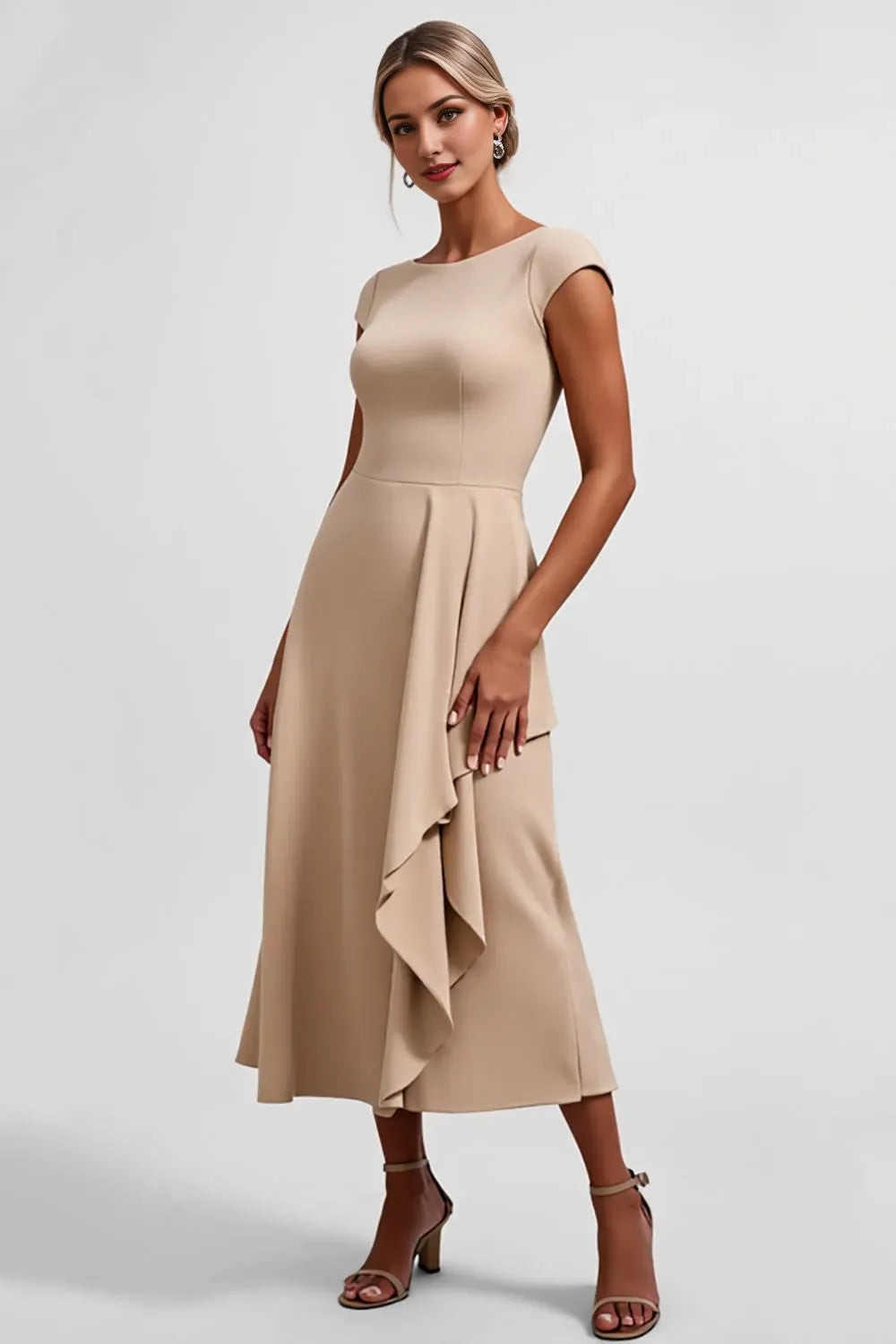Champagne Satin Ruffled Tea-Length Mother of the Bride Dress with Cap Sleeves