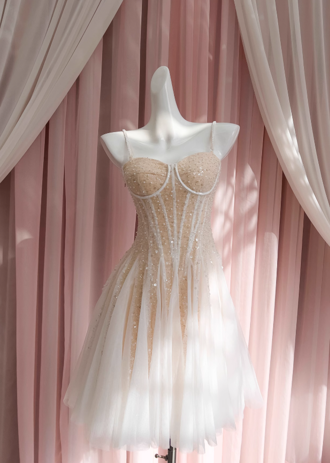 Champagne suspender dress tulle sequin party birthday dress