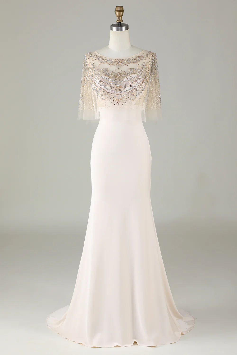 DingJiDress Sparkly Champagne Boat Neck Beaded Mermaid Long Prom Dress