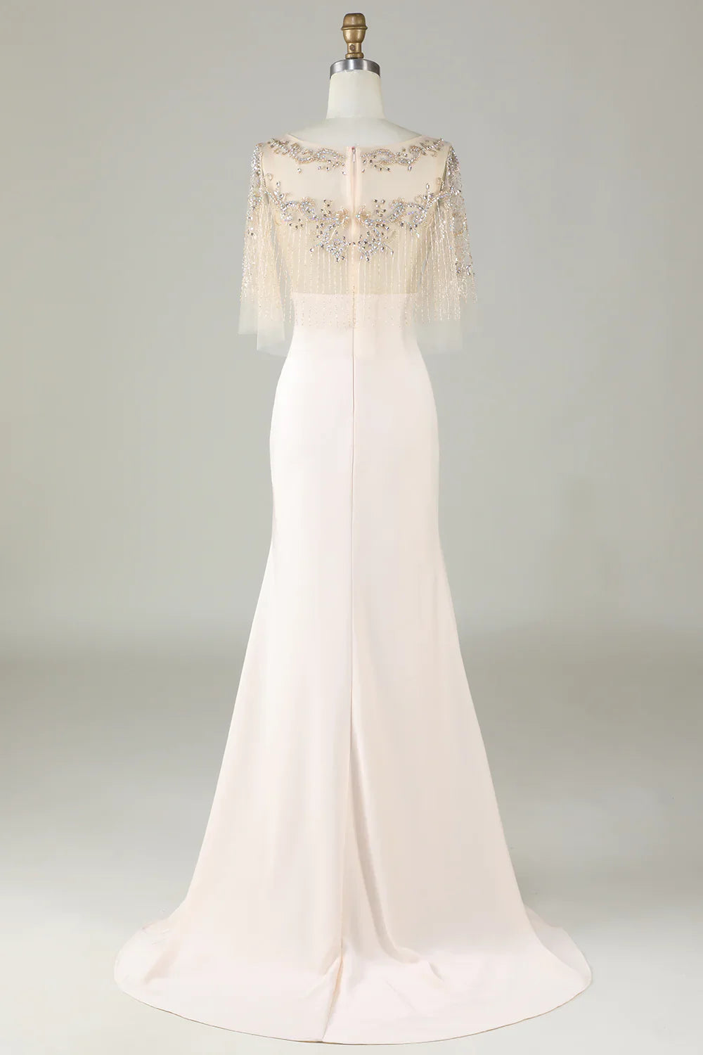 DingJiDress Sparkly Champagne Boat Neck Beaded Mermaid Long Prom Dress
