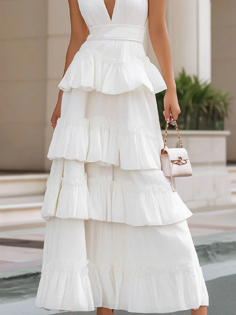 Charming A-Line Halter Sleeveless Tiered Ruffle White Maxi Prom Dresses