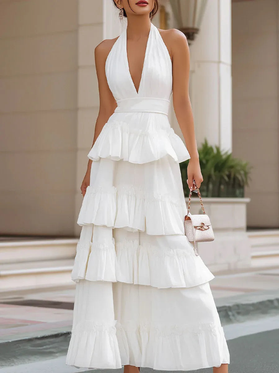 Charming A-Line Halter Sleeveless Tiered Ruffle White Maxi Prom Dresses