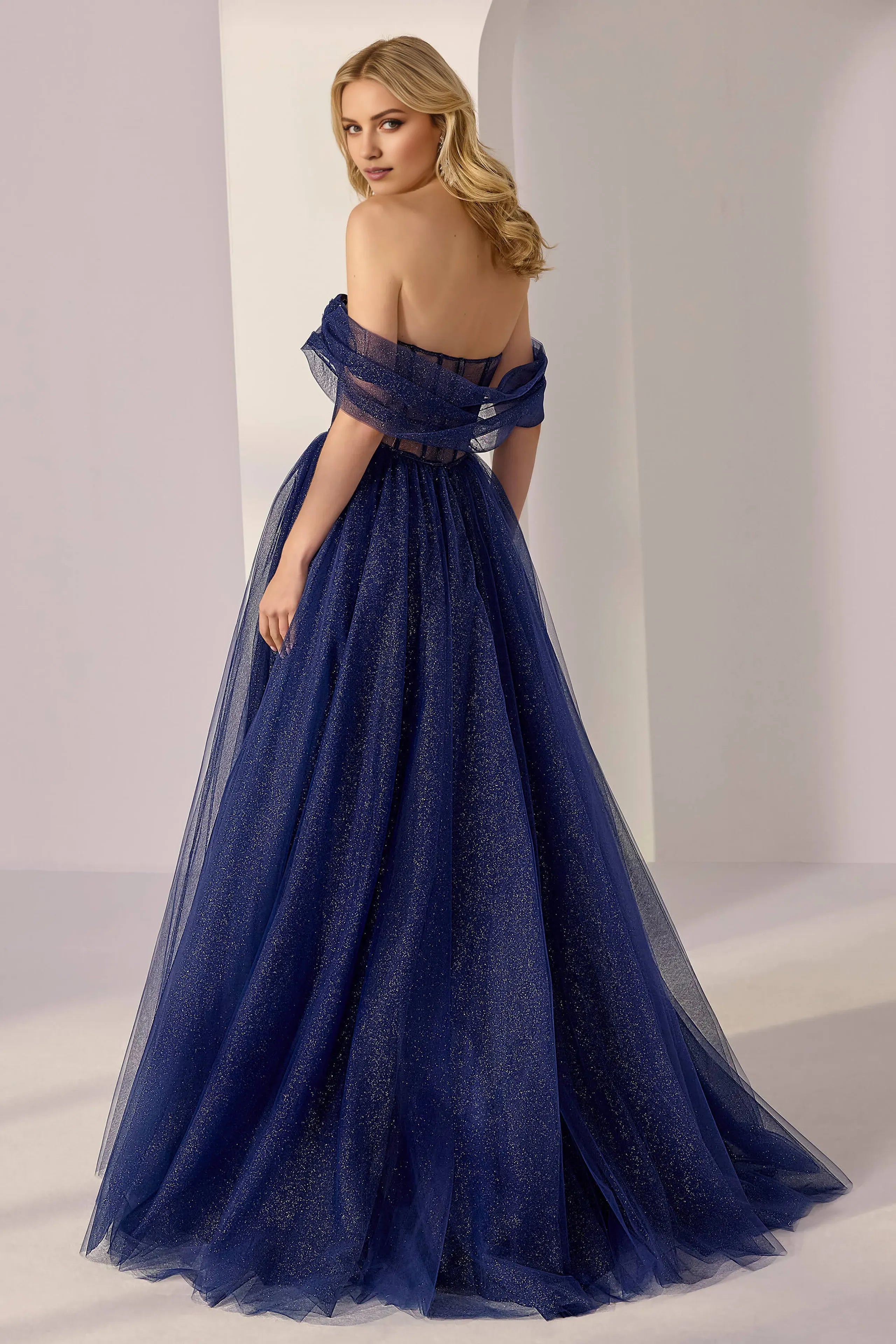 Charming A-Line Off-the-Shoulder Sleeveless Back Zip Floor-Length Navy Glitter Tulle Slit Prom Dresses with Sheer Bodice