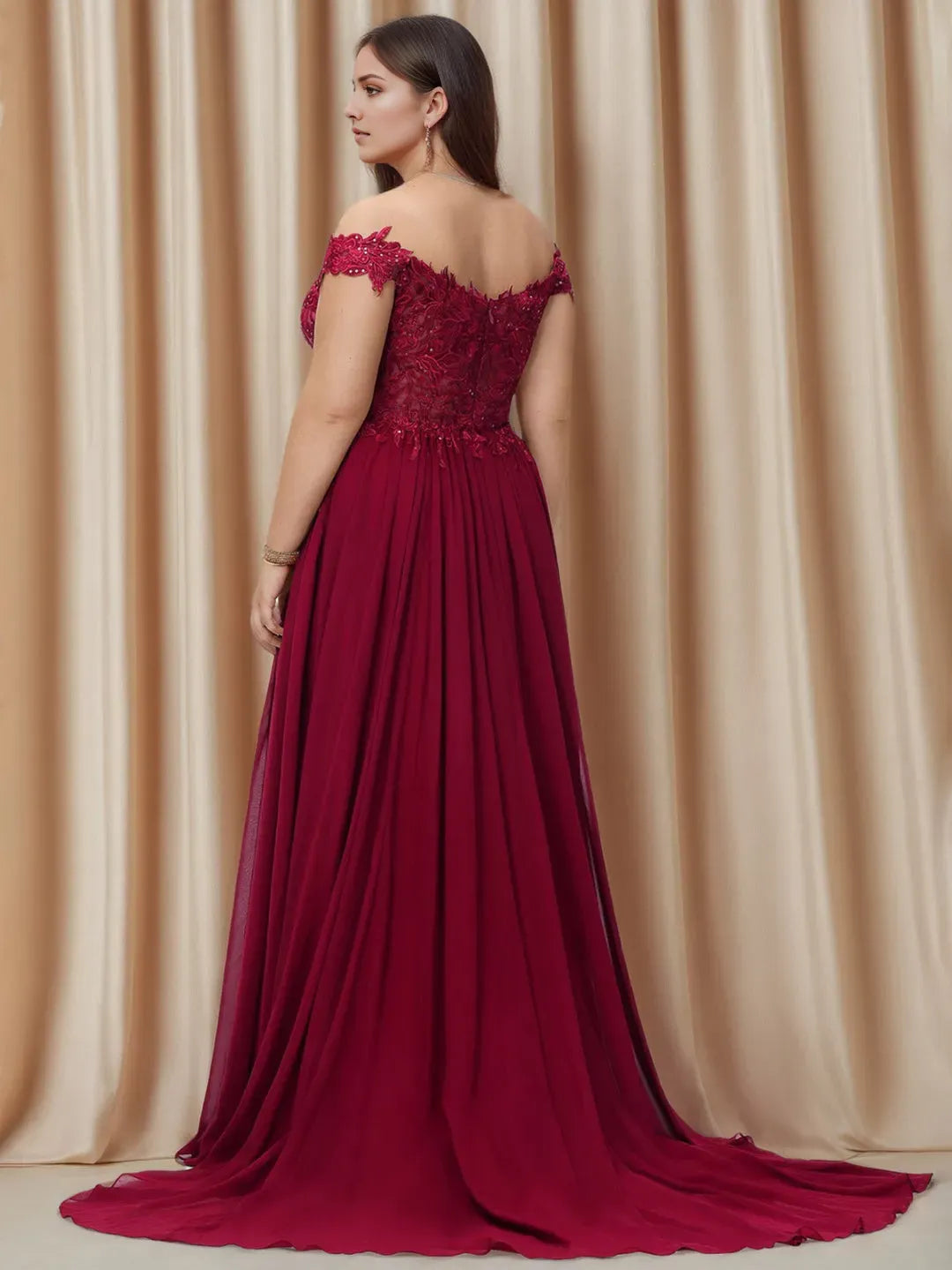 Charming A-Line Off-the-Shoulder Sleeveless Back Zip Lace Applique Slit Chiffon Floor-Length Plus-Size Prom Dresses with Sequins