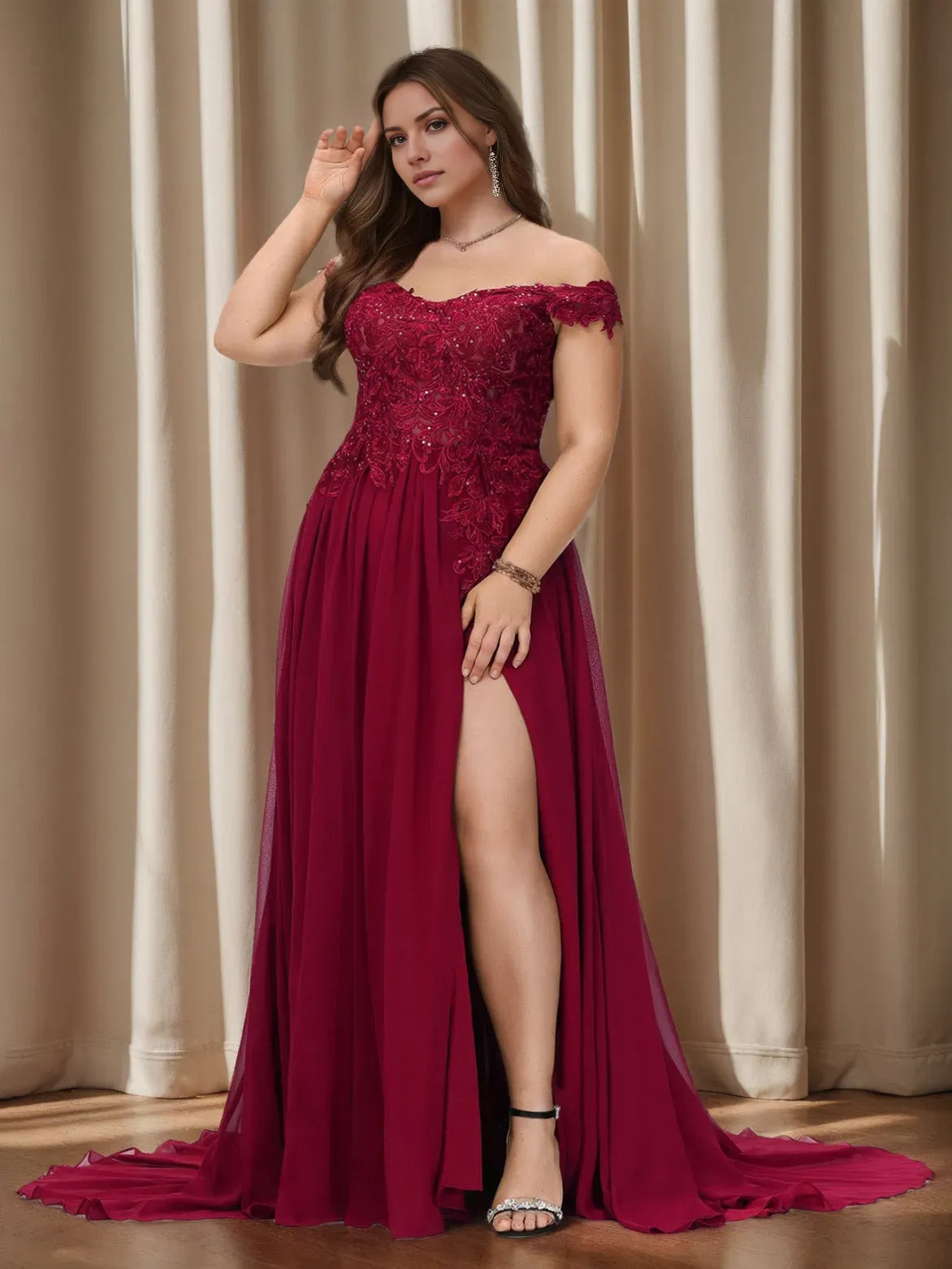 Charming A-Line Off-the-Shoulder Sleeveless Back Zip Lace Applique Slit Chiffon Floor-Length Plus-Size Prom Dresses with Sequins
