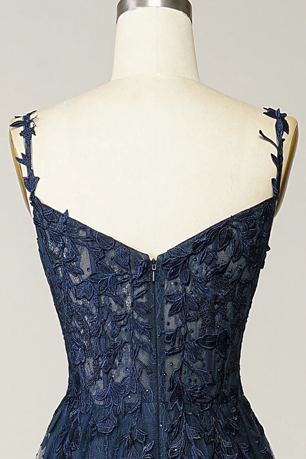 Charming A-Line Spaghetti Strap Lace Appliques Navy Floor Length Prom Dress