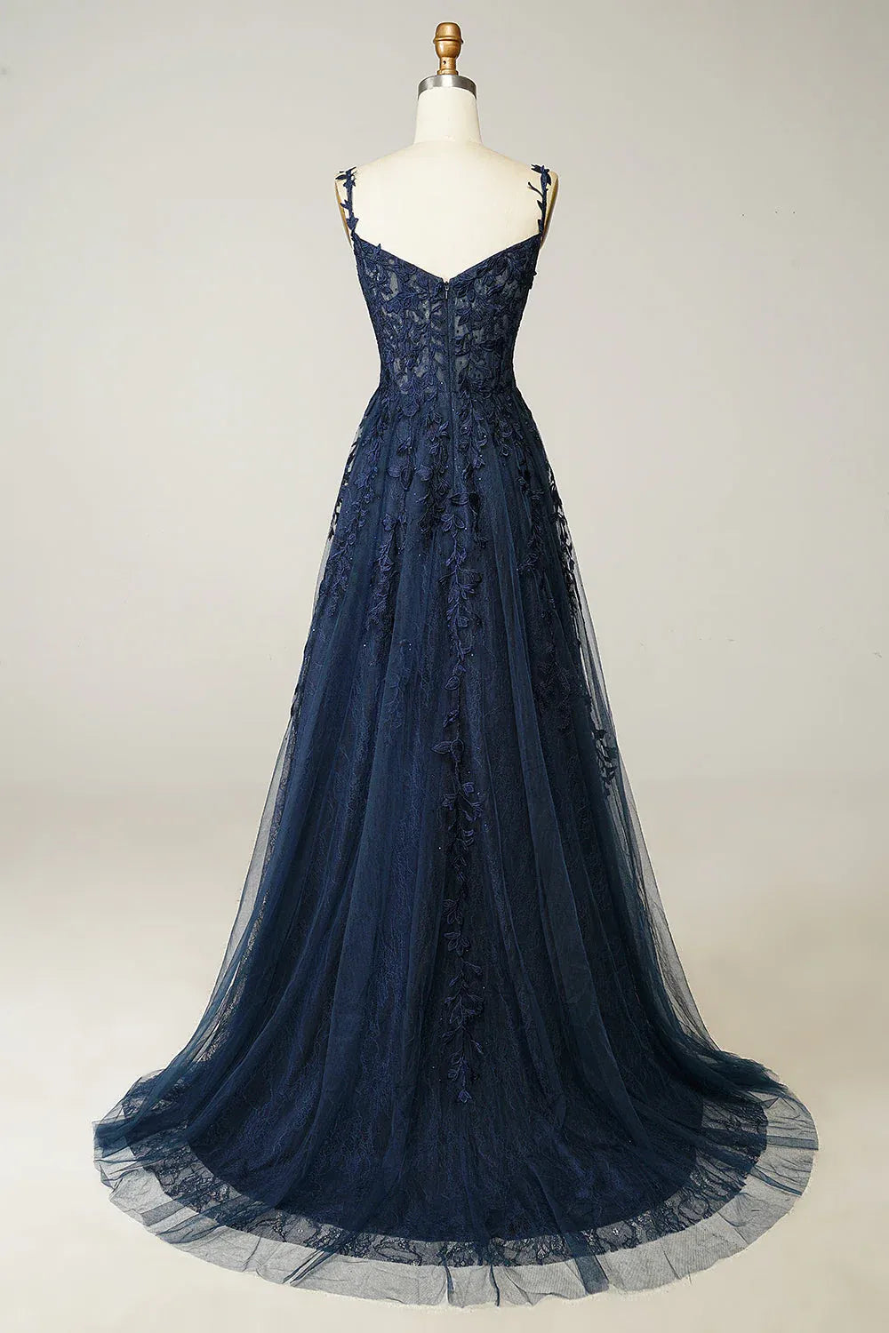 Charming A-Line Spaghetti Strap Lace Appliques Navy Floor Length Prom Dress