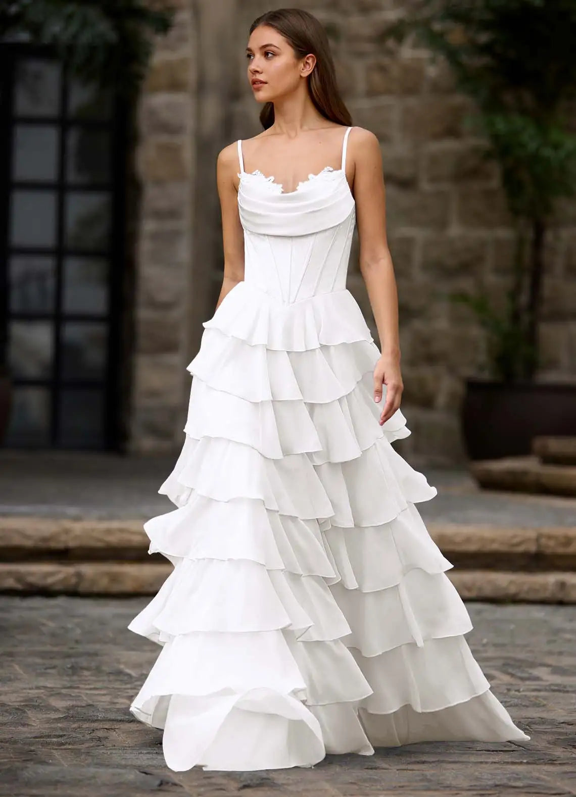 Charming A-Line Spaghetti Strap Sleeveless Layered Ruffle Back Zip Floor-Length Prom Dress with Applique Slit