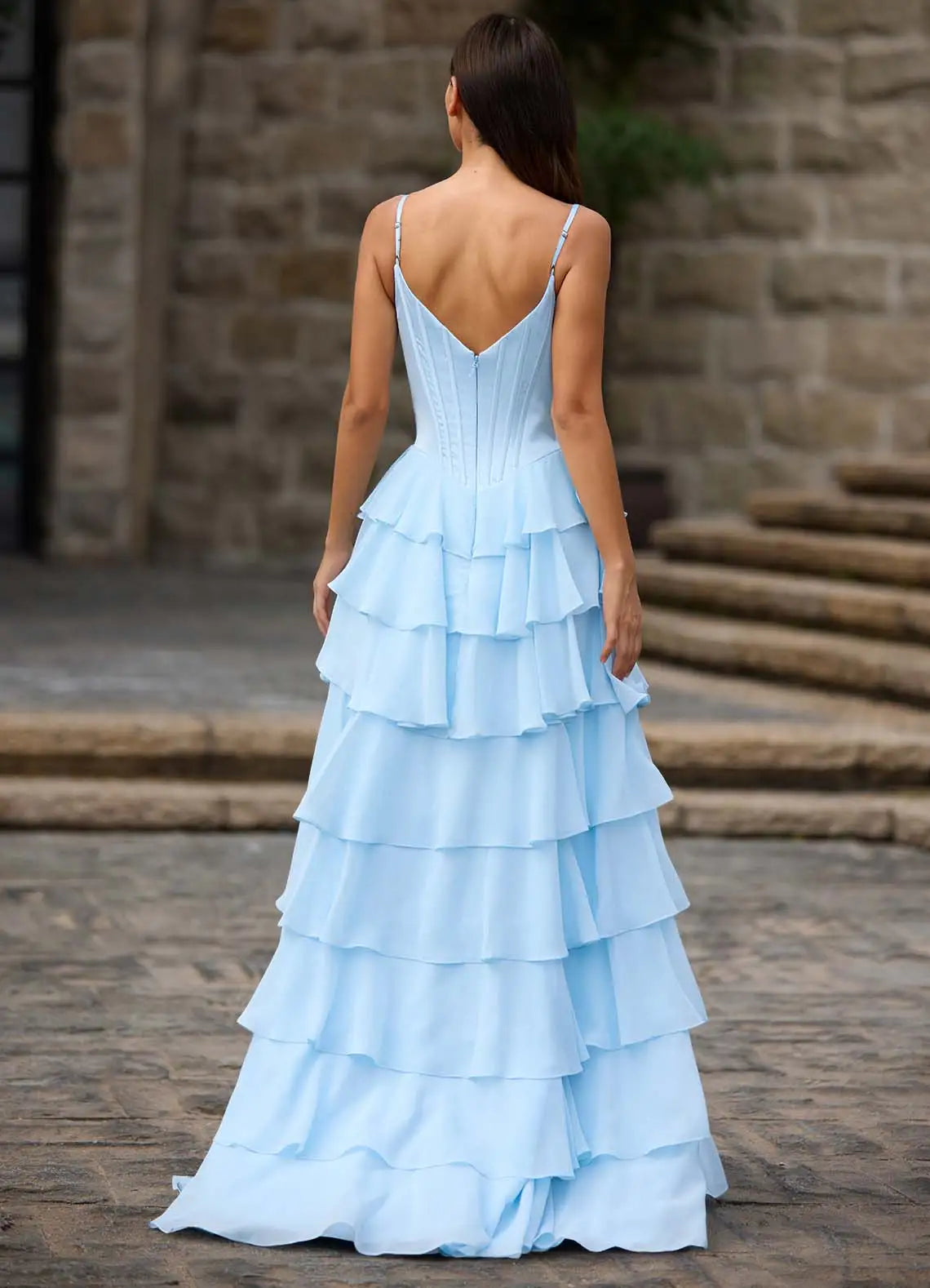Charming A-Line Spaghetti Strap Sleeveless Layered Ruffle Back Zip Floor-Length Prom Dress with Applique Slit