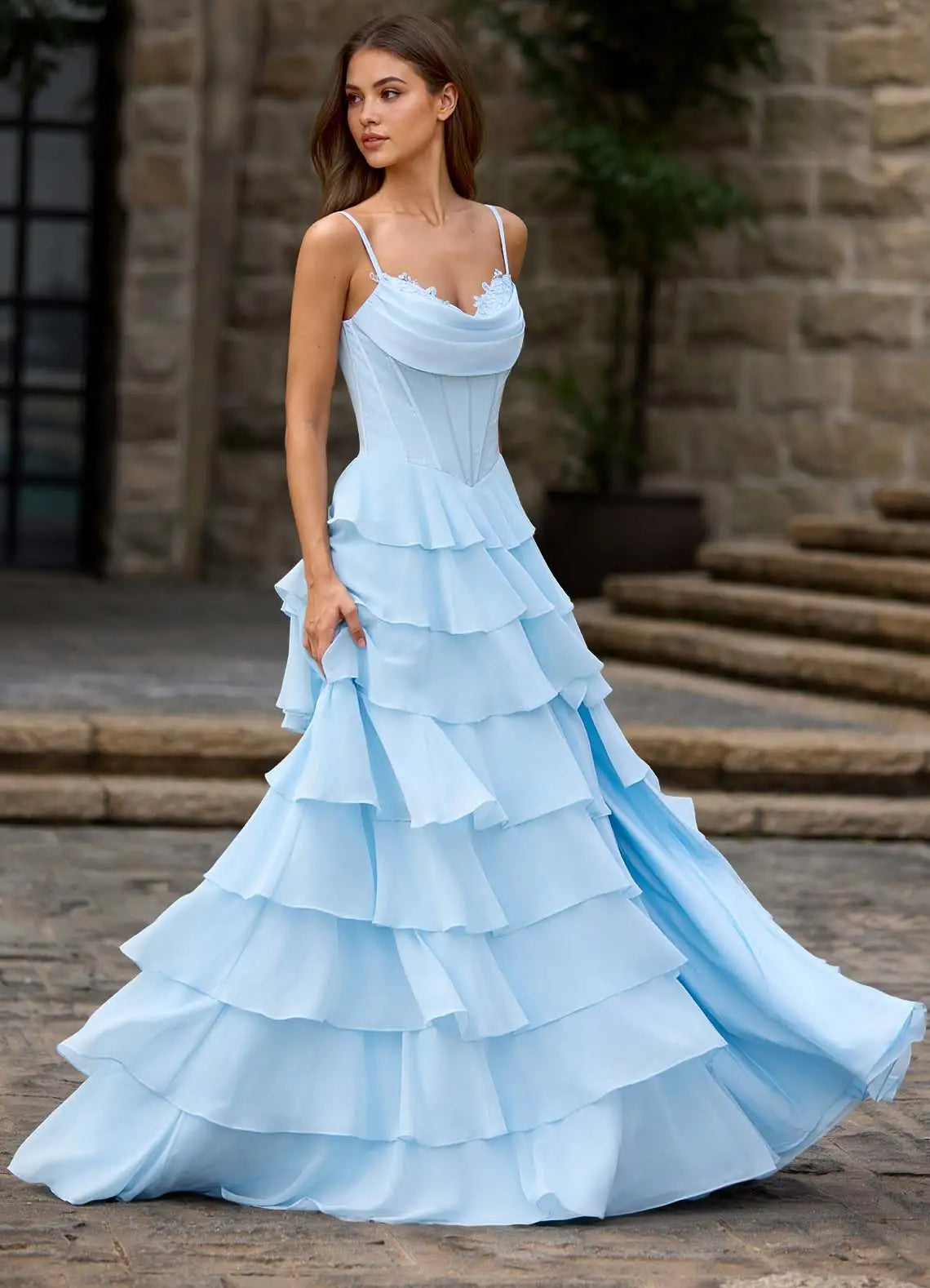 Charming A-Line Spaghetti Strap Sleeveless Layered Ruffle Back Zip Floor-Length Prom Dress with Applique Slit