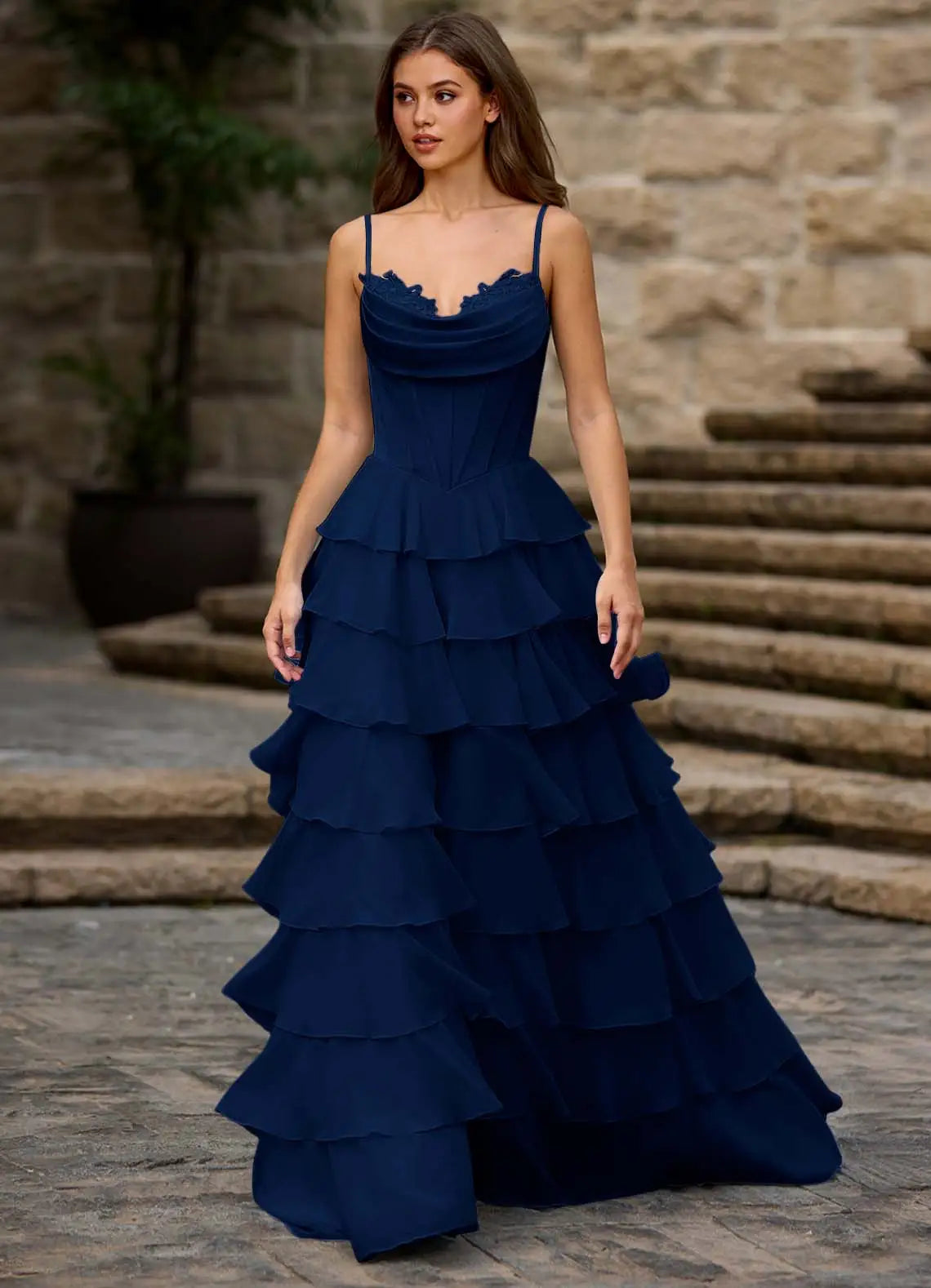 Charming A-Line Spaghetti Strap Sleeveless Layered Ruffle Back Zip Floor-Length Prom Dress with Applique Slit