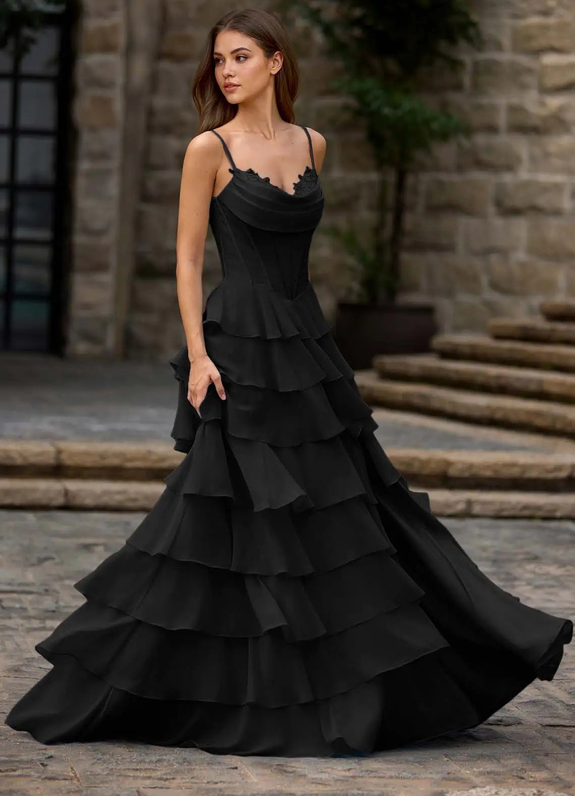 Charming A-Line Spaghetti Strap Sleeveless Layered Ruffle Back Zip Floor-Length Prom Dress with Applique Slit