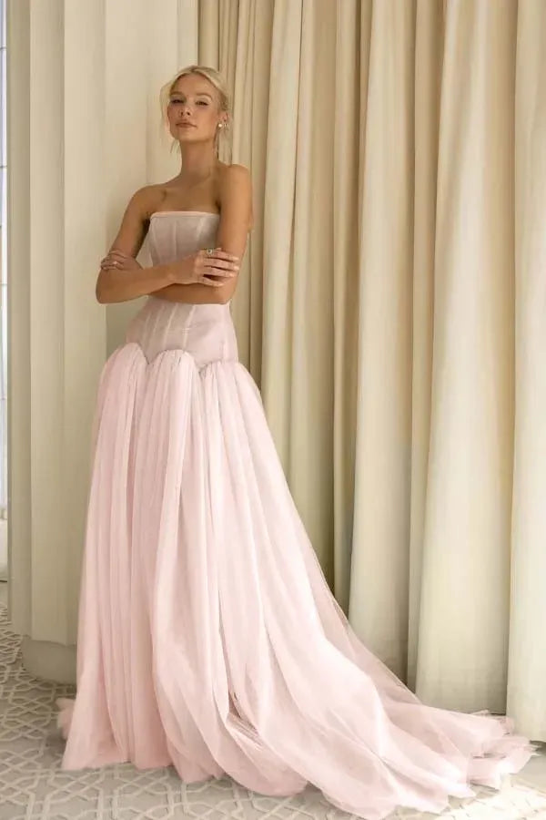 Charming A-Line Strapless Pleated Tulle Sage Green Train Prom Dress Hot Sale