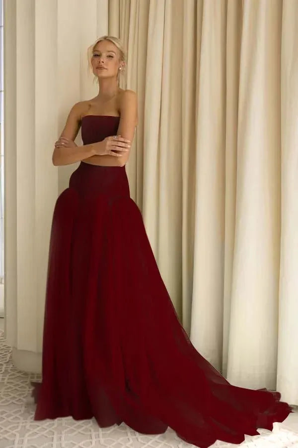 Charming A-Line Strapless Pleated Tulle Sage Green Train Prom Dress Hot Sale