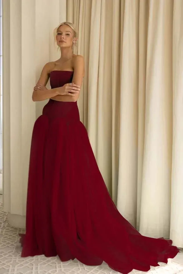 Charming A-Line Strapless Pleated Tulle Sage Green Train Prom Dress Hot Sale