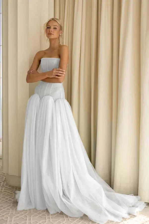 Charming A-Line Strapless Pleated Tulle Sage Green Train Prom Dress Hot Sale