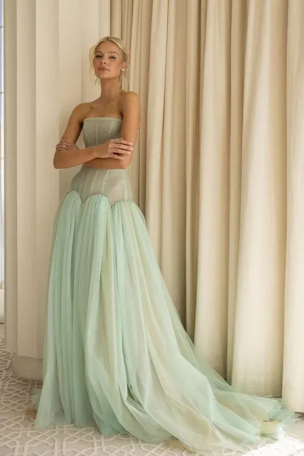 Charming A-Line Strapless Pleated Tulle Sage Green Train Prom Dress Hot Sale