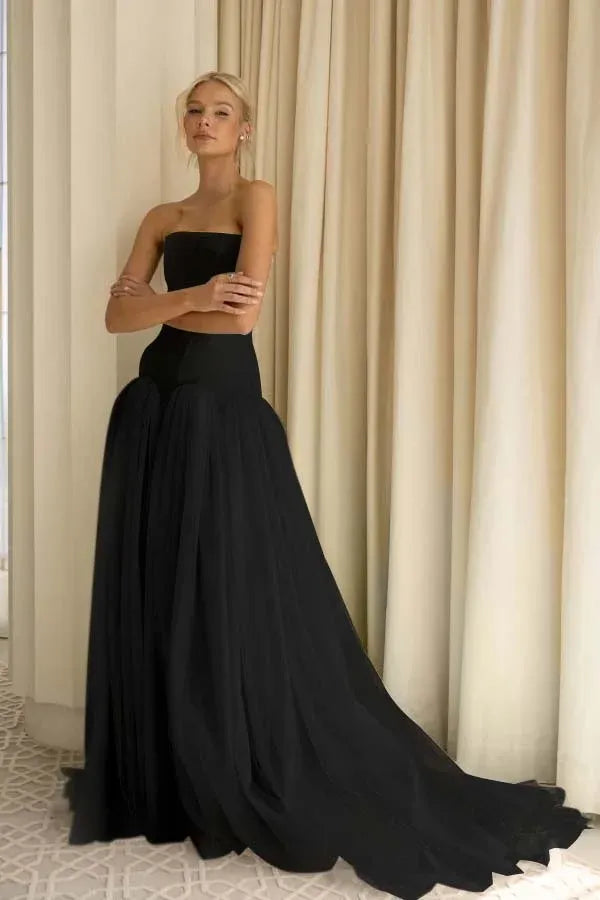 Charming A-Line Strapless Pleated Tulle Sage Green Train Prom Dress Hot Sale