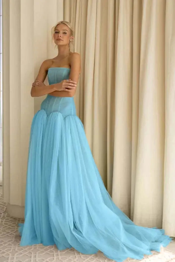 Charming A-Line Strapless Pleated Tulle Sage Green Train Prom Dress Hot Sale