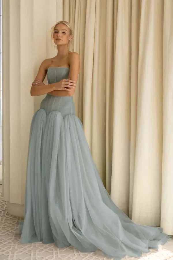 Charming A-Line Strapless Pleated Tulle Sage Green Train Prom Dress Hot Sale