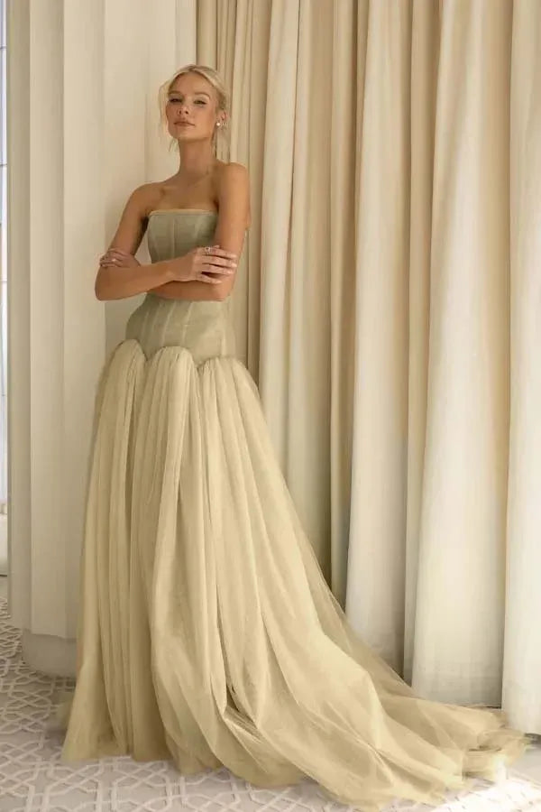Charming A-Line Strapless Pleated Tulle Sage Green Train Prom Dress Hot Sale