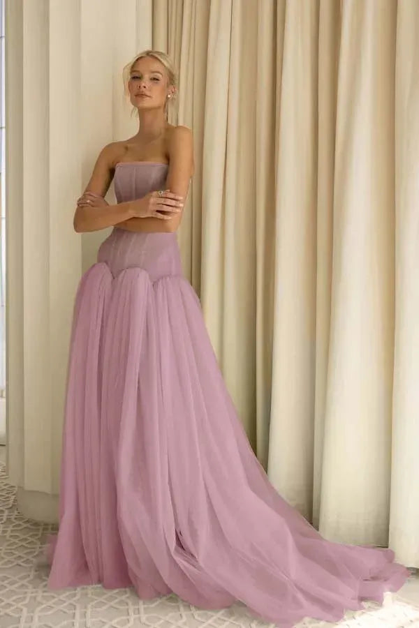 Charming A-Line Strapless Pleated Tulle Sage Green Train Prom Dress Hot Sale