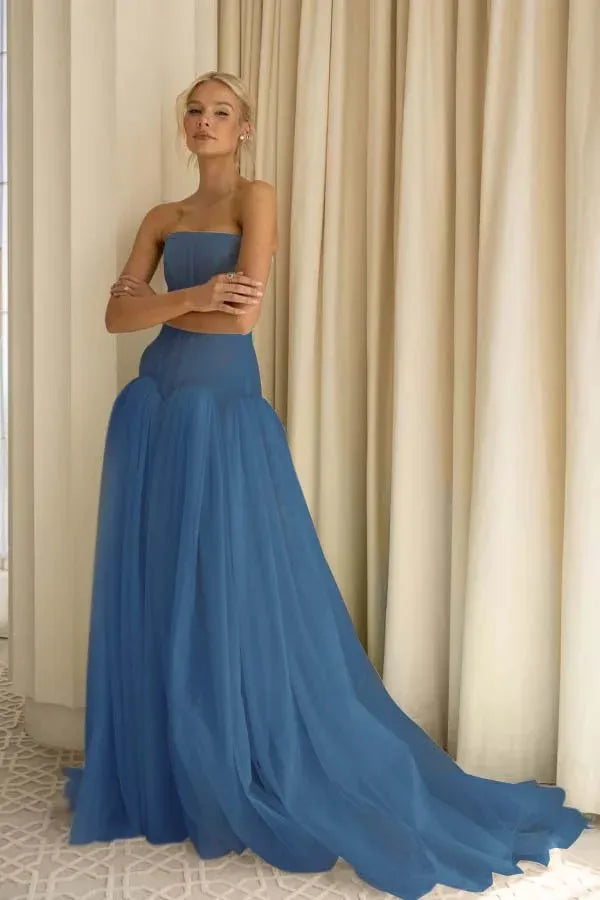 Charming A-Line Strapless Pleated Tulle Sage Green Train Prom Dress Hot Sale