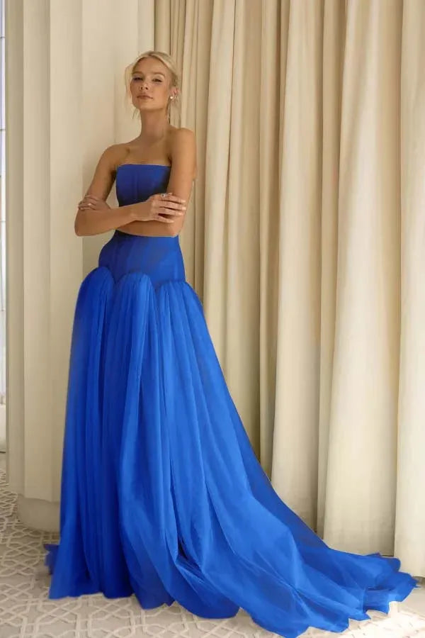 Charming A-Line Strapless Pleated Tulle Sage Green Train Prom Dress Hot Sale