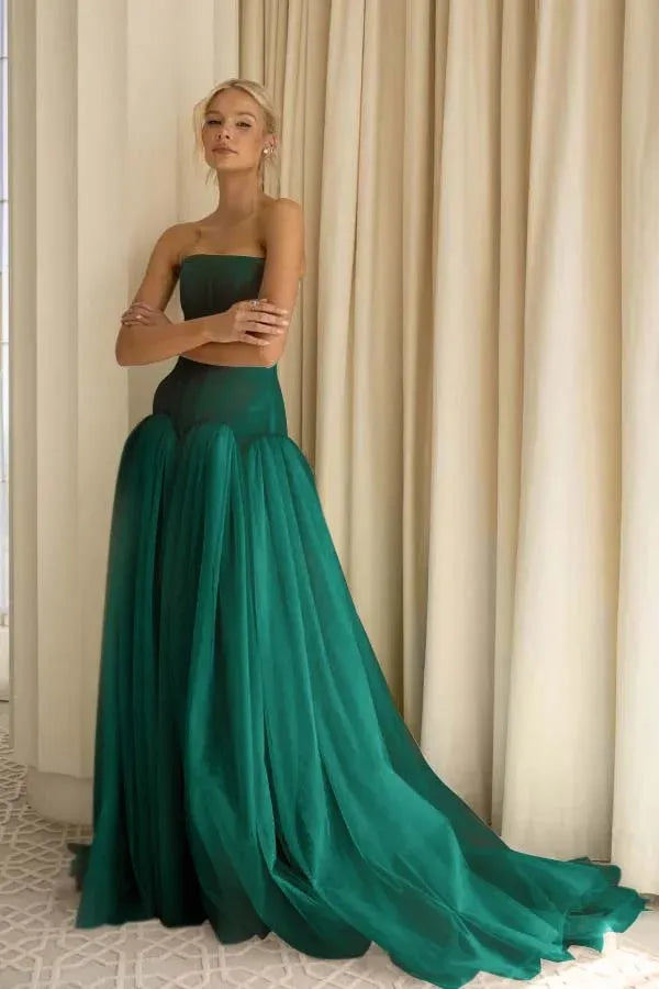 Charming A-Line Strapless Pleated Tulle Sage Green Train Prom Dress Hot Sale