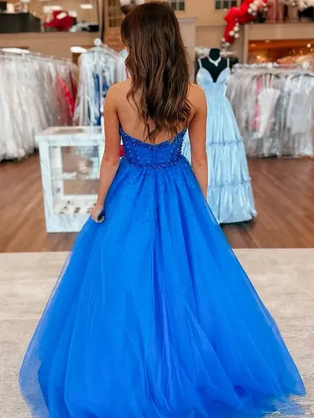 Charming A-Line Sweetheart Corset Beaded Tulle Royal Blue Long Prom Dress