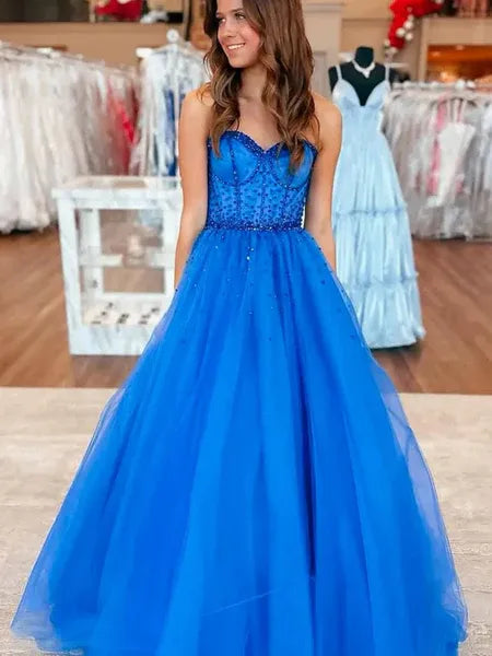 Charming A-Line Sweetheart Corset Beaded Tulle Royal Blue Long Prom Dress