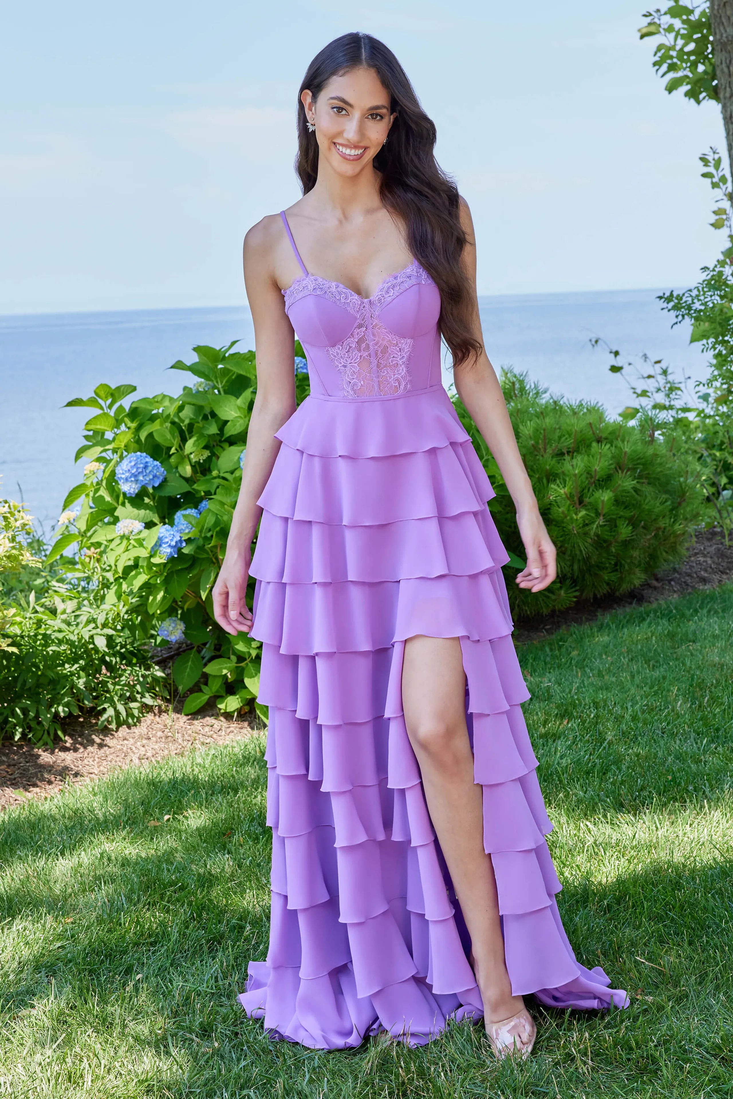 Charming A-Line Sweetheart Neckline Spaghetti Strap Lace Up Floor-Length Lavender Lace Ruffled Chiffon Prom Dresses