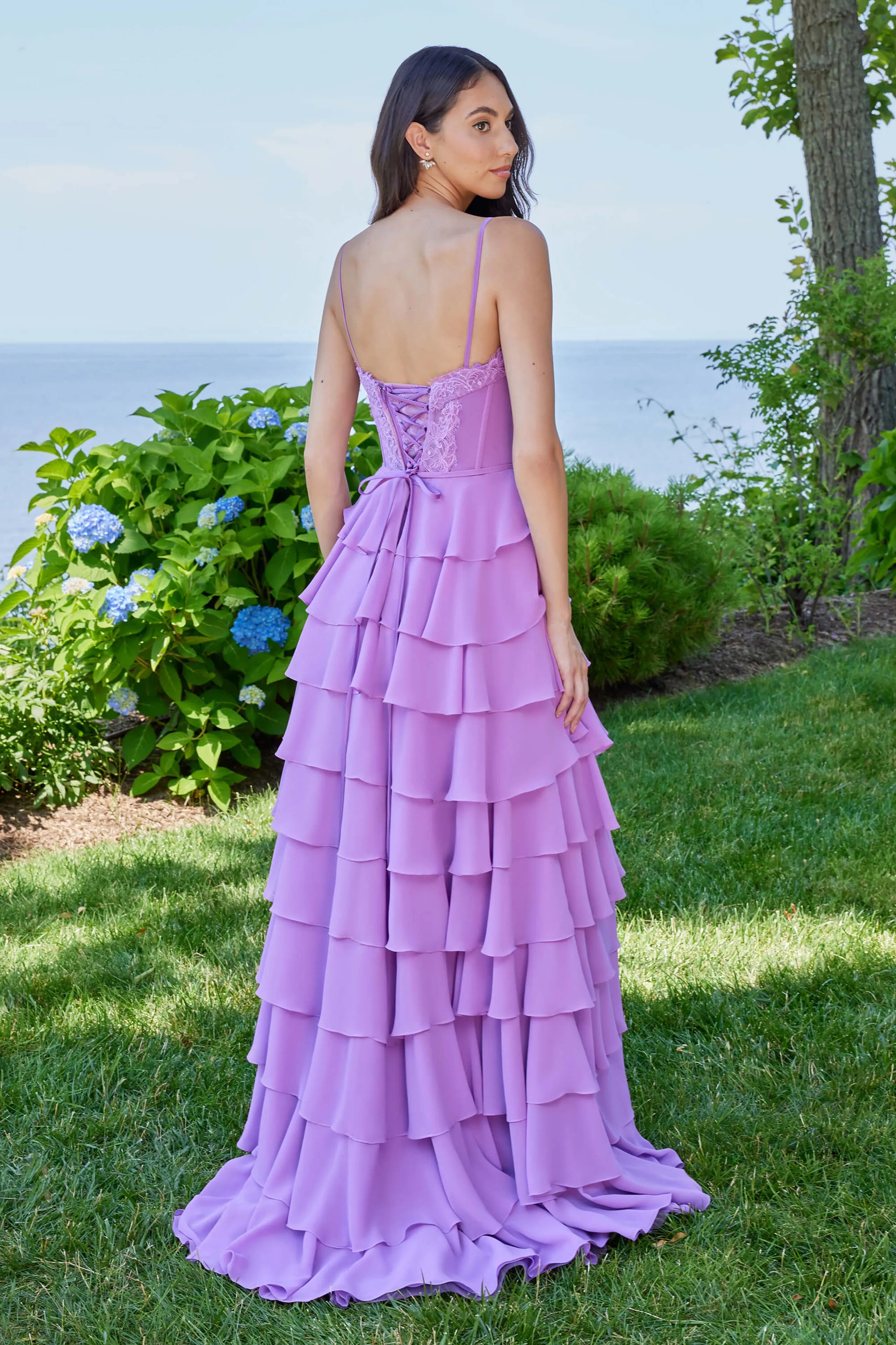 Charming A-Line Sweetheart Neckline Spaghetti Strap Lace Up Floor-Length Lavender Lace Ruffled Chiffon Prom Dresses