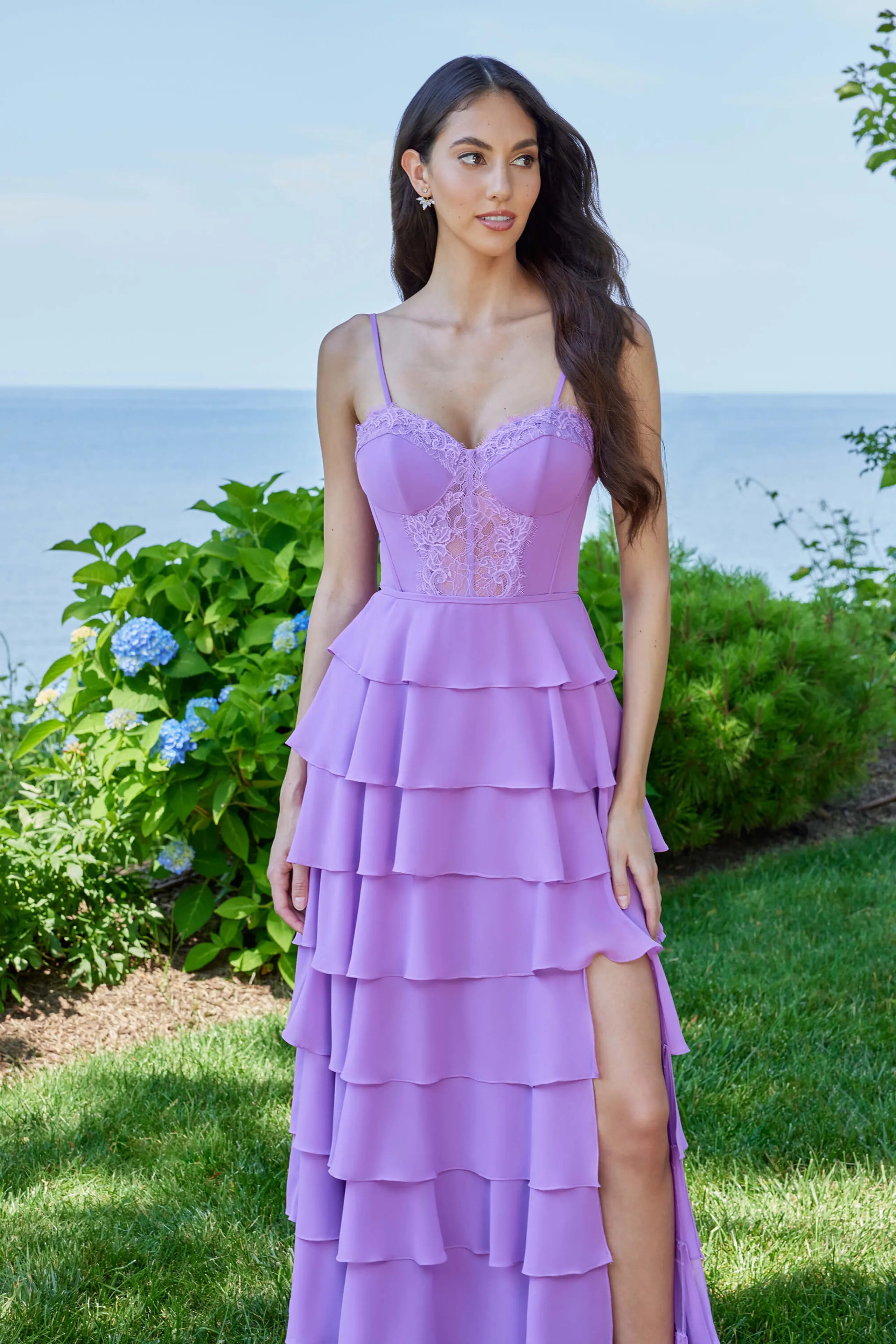 Charming A-Line Sweetheart Neckline Spaghetti Strap Lace Up Floor-Length Lavender Lace Ruffled Chiffon Prom Dresses