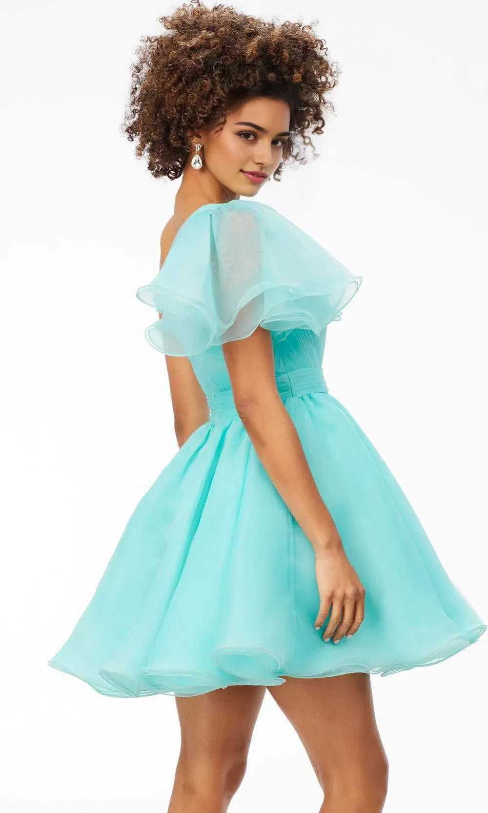 Charming Aqua Chiffon One Shoulder Homecoming Dress with Ruffled Sleeve and Flared Skirt