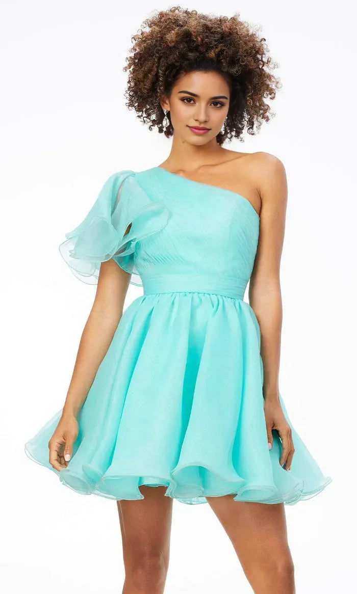 Charming Aqua Chiffon One Shoulder Homecoming Dress with Ruffled Sleeve and Flared Skirt
