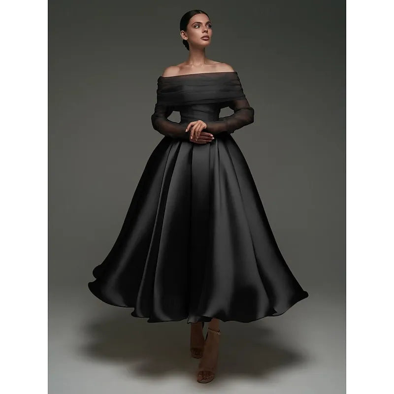 Charming Ball-Gown Off-Shoulder Long Sleeve Tulle Trim Dusty Pink Tea-Length Prom Dress For Women Ready To Ship