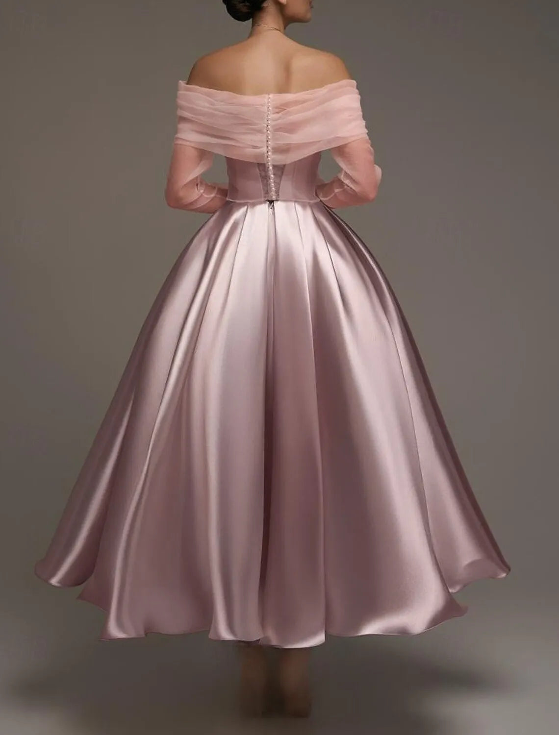 Charming Ball-Gown Off-Shoulder Long Sleeve Tulle Trim Dusty Pink Tea-Length Prom Dress For Women Ready To Ship