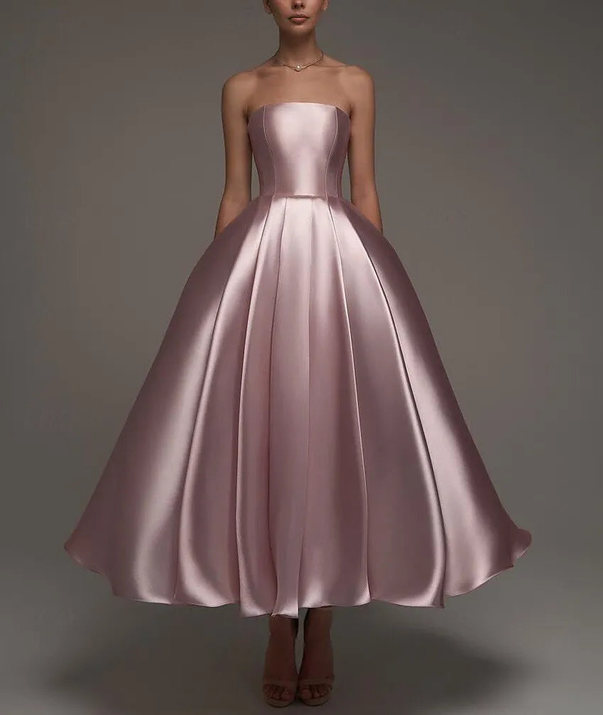 Charming Ball-Gown Off-Shoulder Long Sleeve Tulle Trim Dusty Pink Tea-Length Prom Dress For Women Ready To Ship