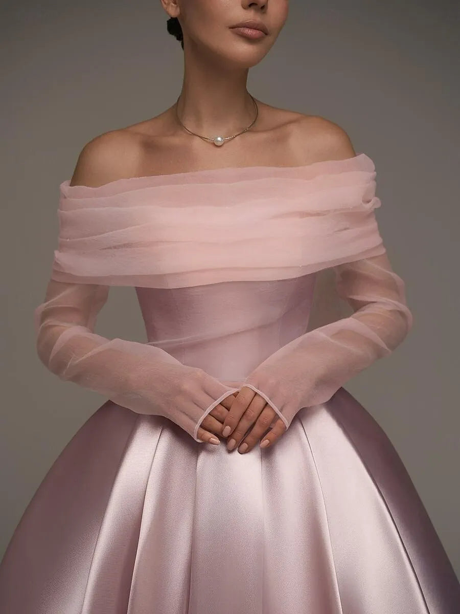 Charming Ball-Gown Off-Shoulder Long Sleeve Tulle Trim Dusty Pink Tea-Length Prom Dress For Women Ready To Ship