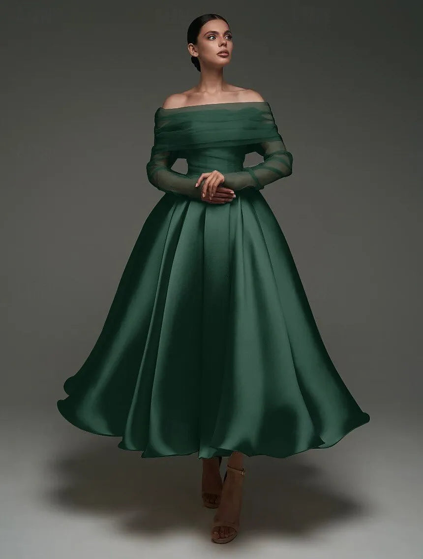 Charming Ball-Gown Off-Shoulder Long Sleeve Tulle Trim Dusty Pink Tea-Length Prom Dress For Women Ready To Ship