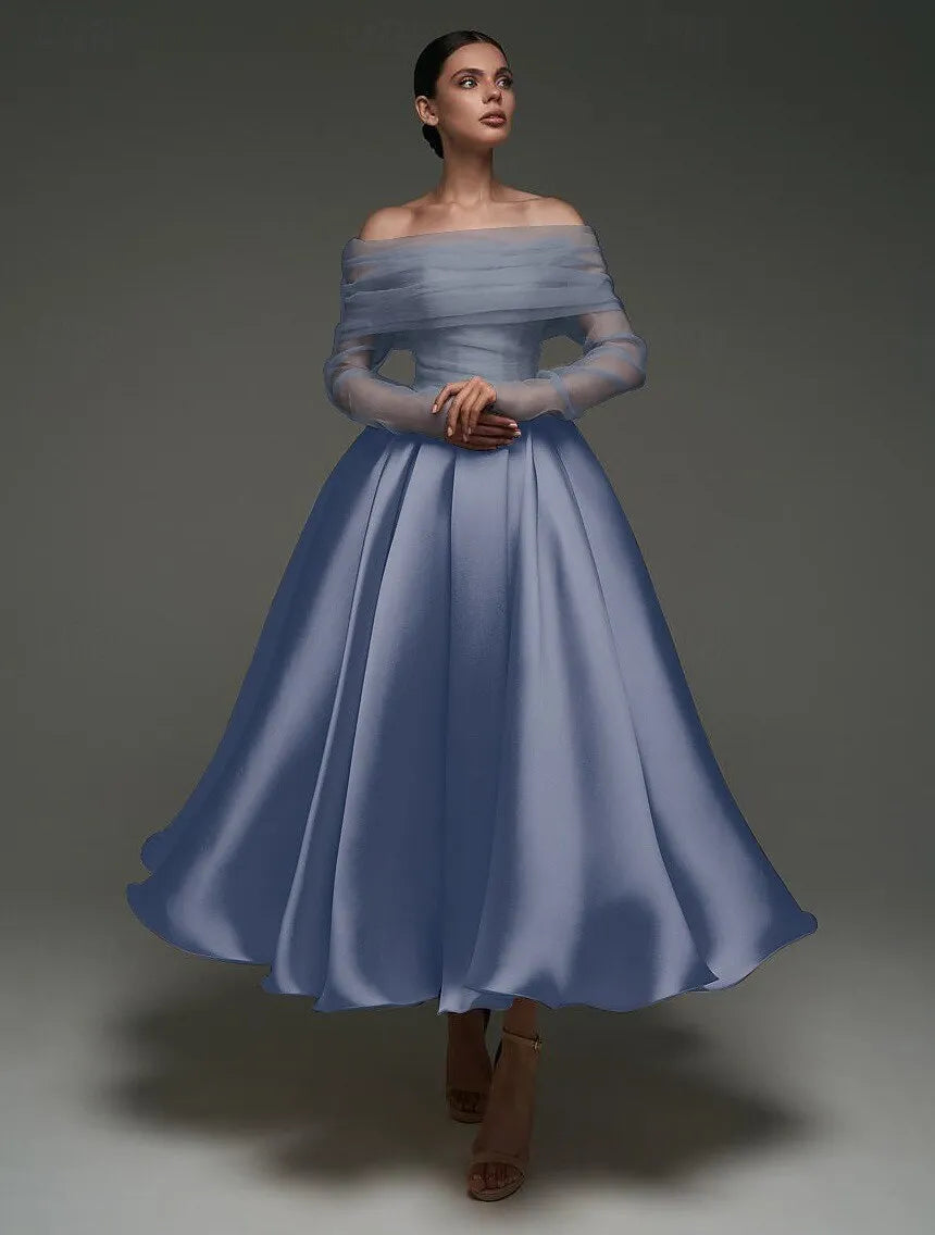 Charming Ball-Gown Off-Shoulder Long Sleeve Tulle Trim Dusty Pink Tea-Length Prom Dress For Women Ready To Ship