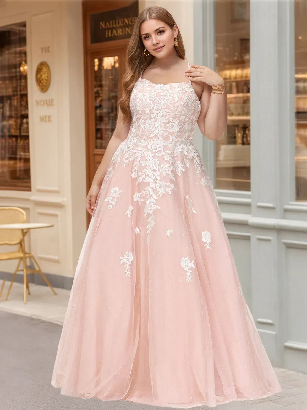 Charming Ball-Gown Square Neck Sleeveless Lace Tulle Back Zip Floor-Length Plus Size Prom Dresses with Sequins