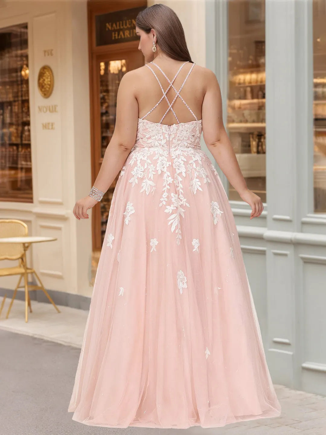 Charming Ball-Gown Square Neck Sleeveless Lace Tulle Back Zip Floor-Length Plus Size Prom Dresses with Sequins