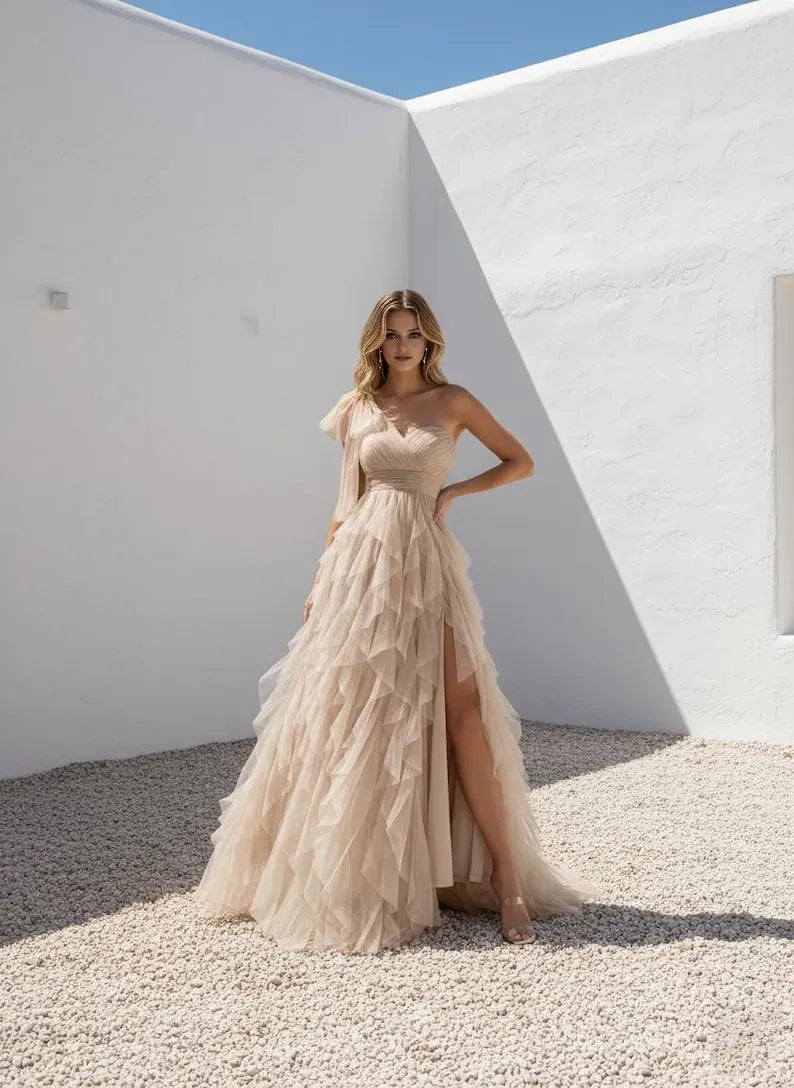 Charming Beige A-Line One-Shoulder Sleeveless Back Zip Ruffled Tulle Slit Floor-Length Prom Dress