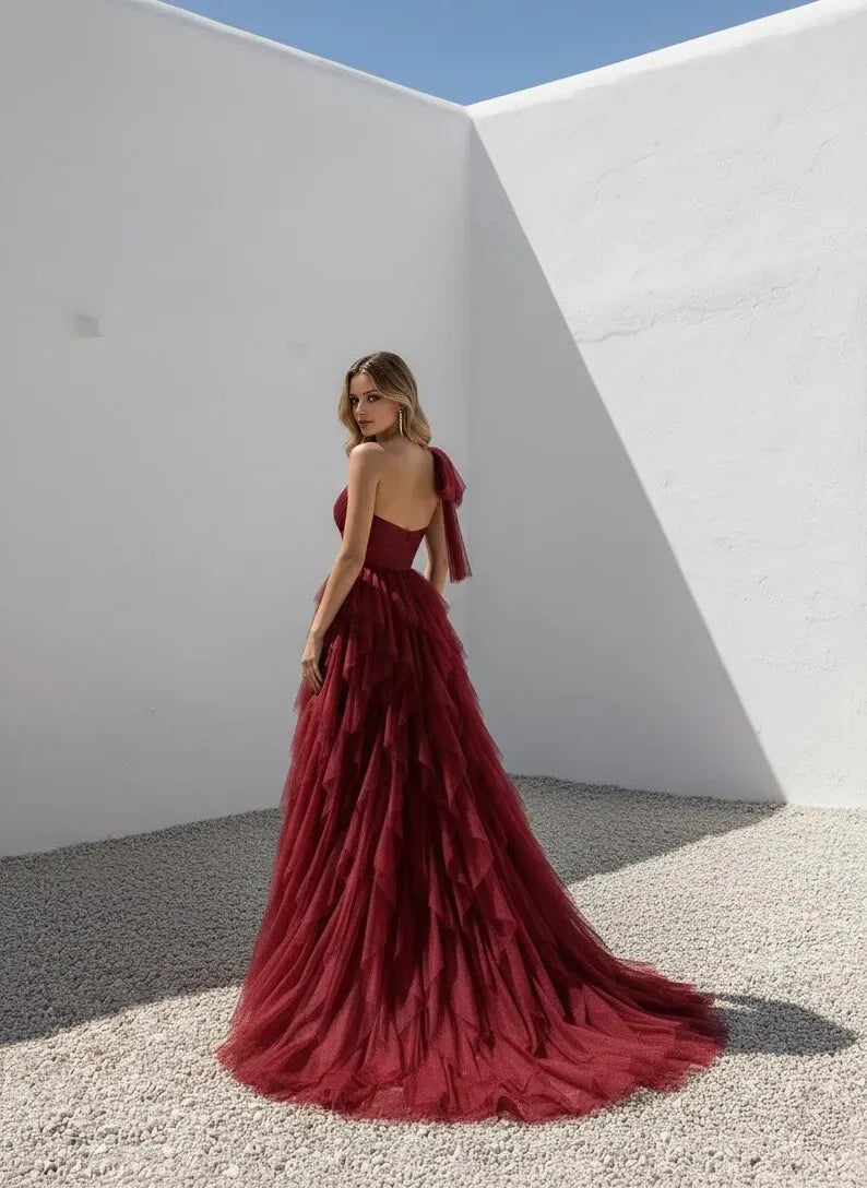Charming Beige A-Line One-Shoulder Sleeveless Back Zip Ruffled Tulle Slit Floor-Length Prom Dress