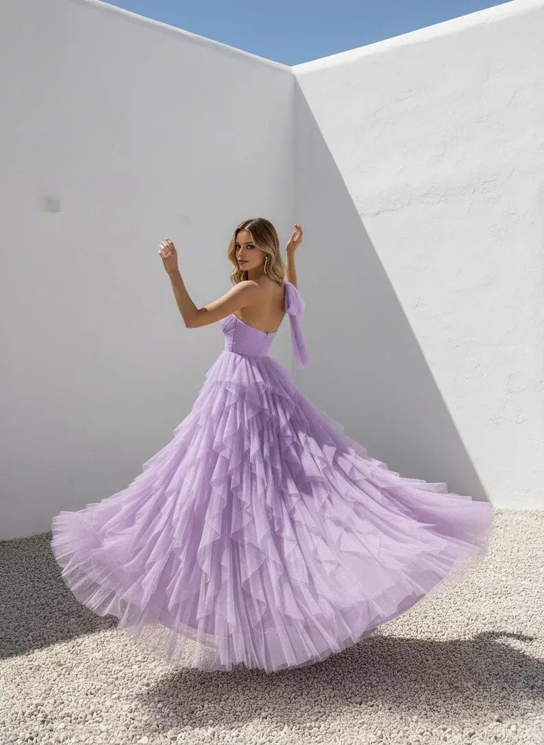 Charming Beige A-Line One-Shoulder Sleeveless Back Zip Ruffled Tulle Slit Floor-Length Prom Dress